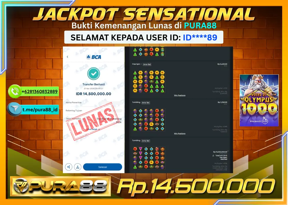 PURA88 JACKPOT GATES OF OLYMPUS 1000 Rp 14.500.000,- LUNAS